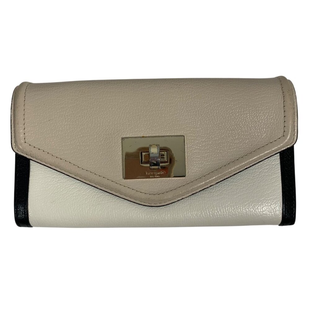 KATE SPADE Turnlock Wallet Clutch Black Off-White Tan Colorblock Leather